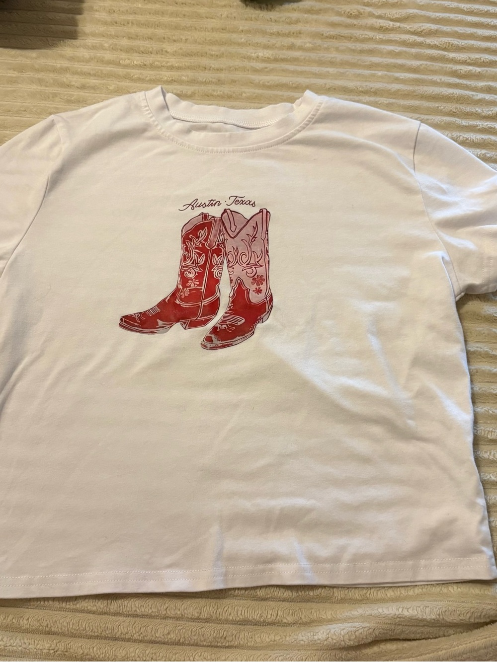 Amazon White Crop Top with Red Cowboy Boots Graphic